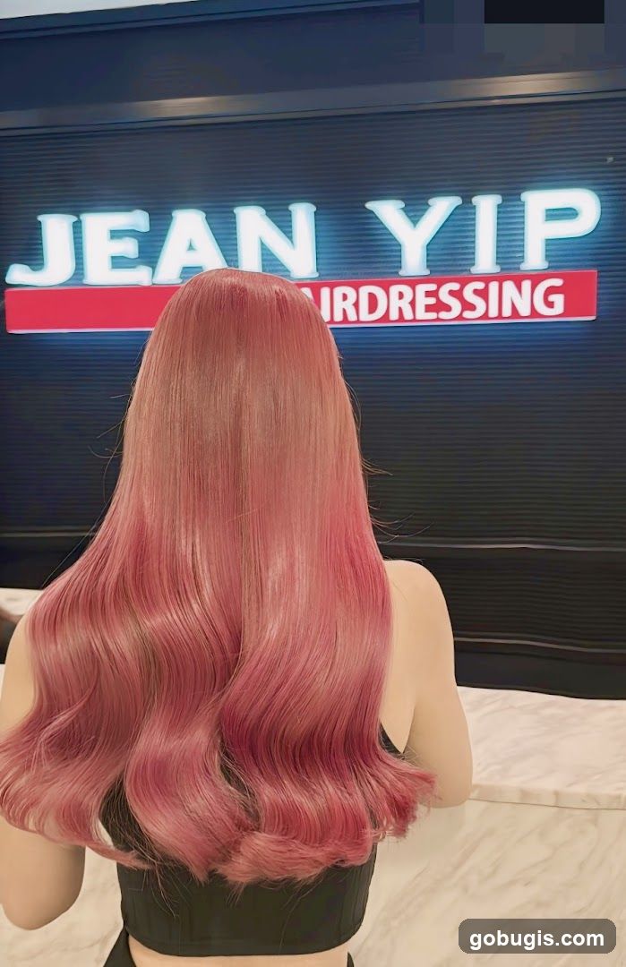 Woman with Pink Hair in Front of Salon Sign