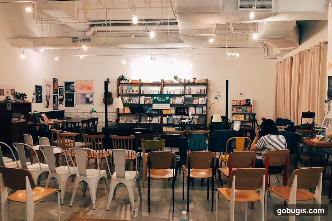 Indoor seating area with bookshelves