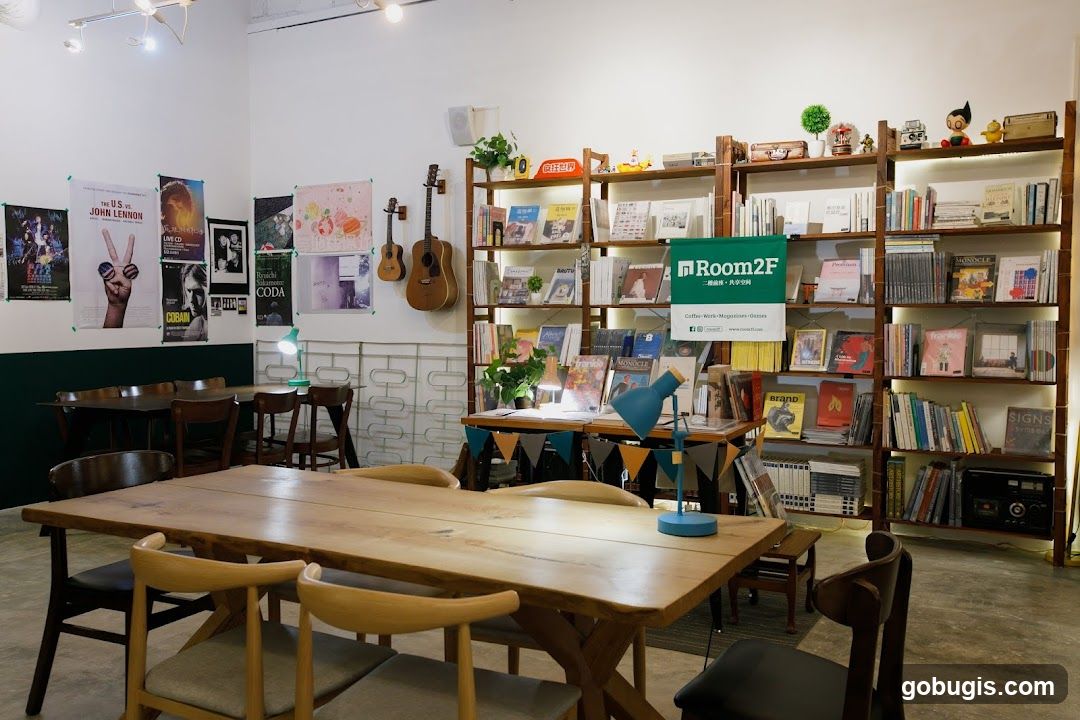 Cozy cafe interior with books and guitars