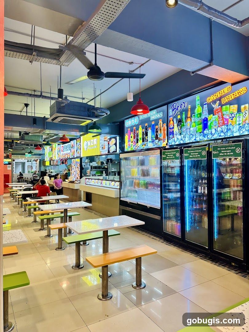 Food court with colorful tables and drink displays