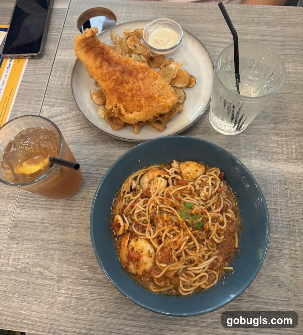 Seafood Pasta and Fish and Chips