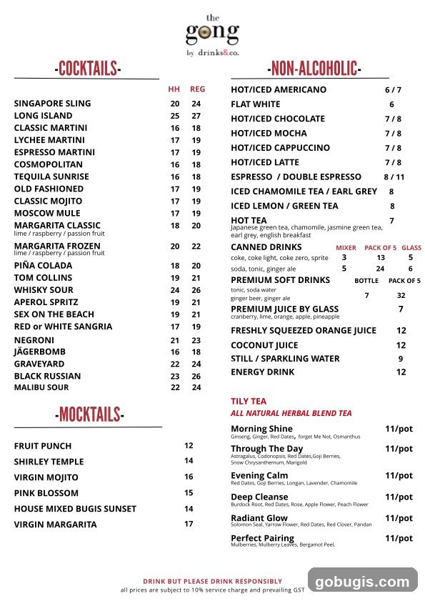 The Gong Drinks Menu