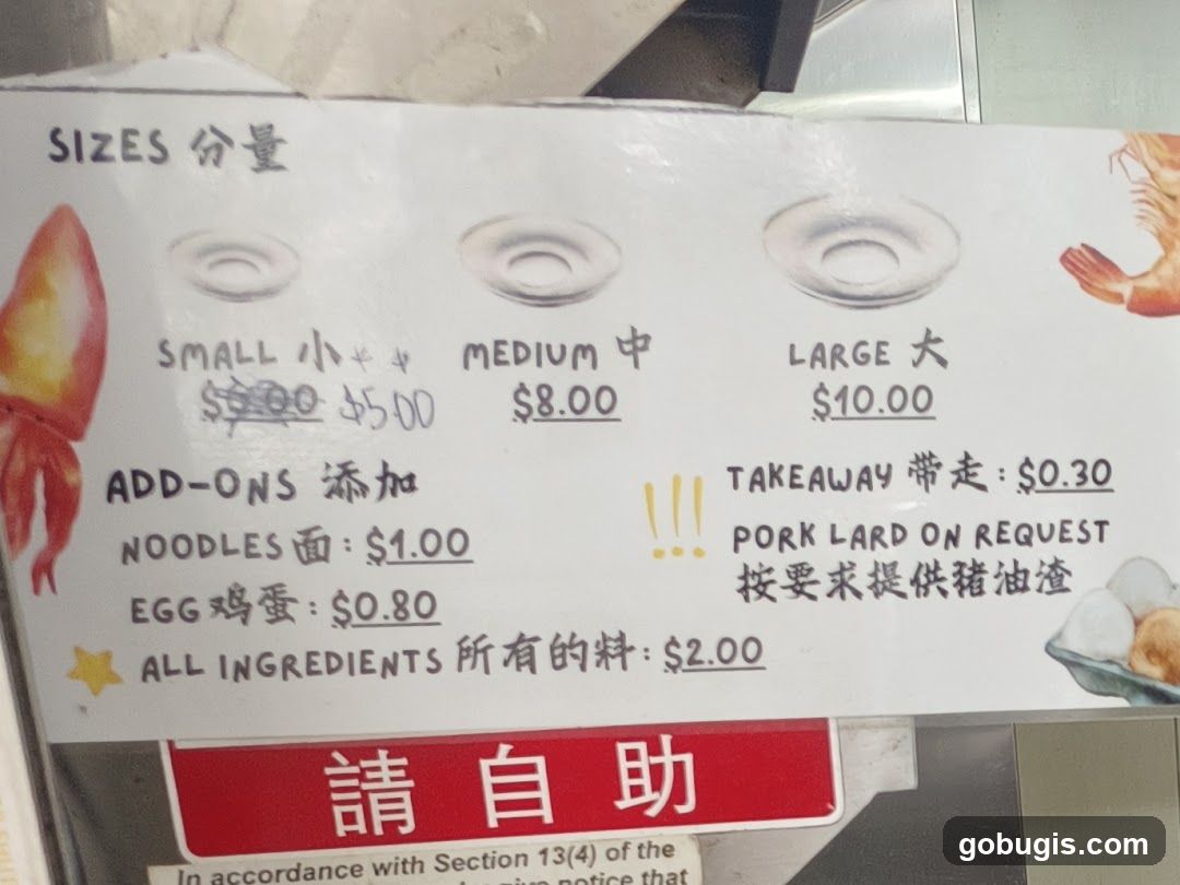 Sizes and Add-ons