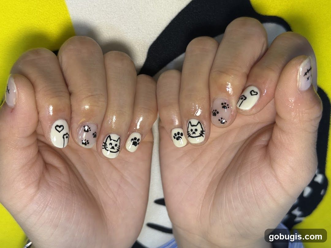 Nail Art with Cat and Paw Print Designs