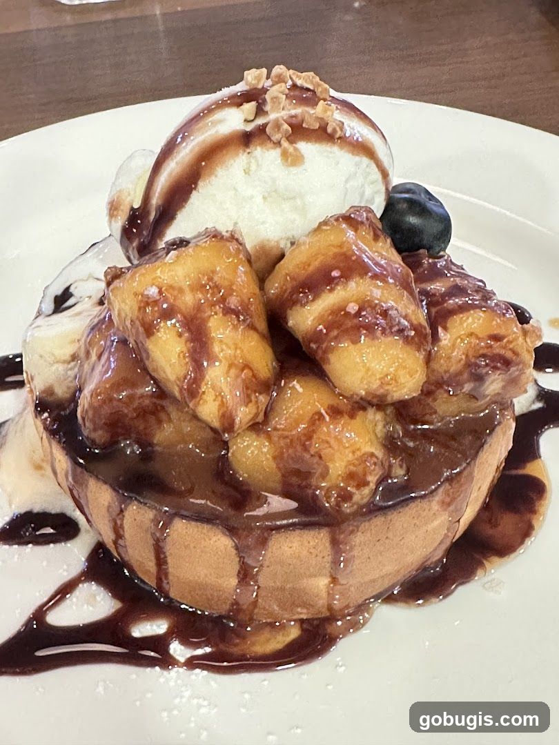 Waffle with Bananas and Ice Cream