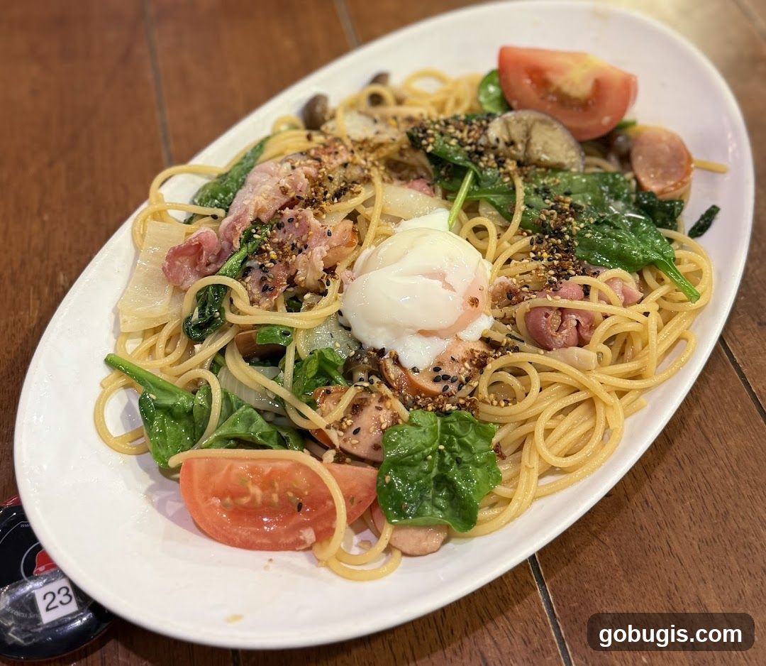 Spaghetti with Poached Egg and Bacon