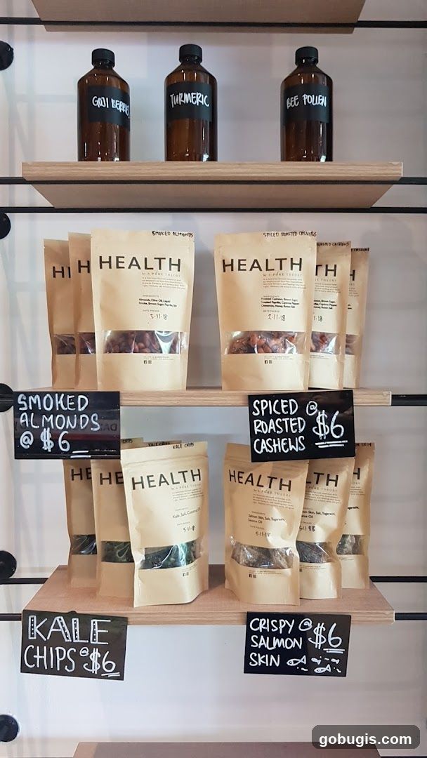 Health food products on shelves