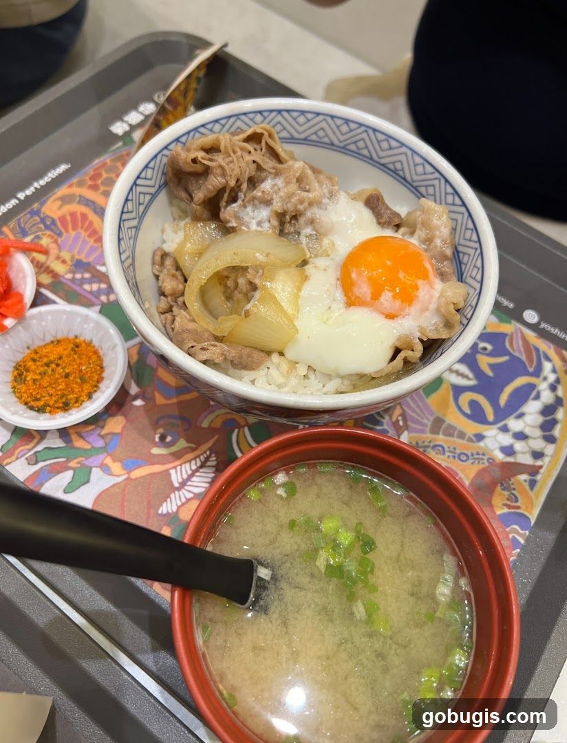 Beef bowl with egg and miso soup