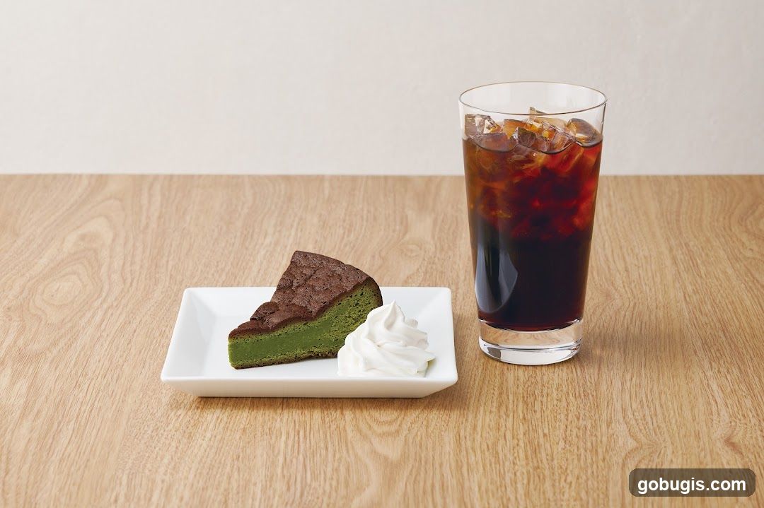 Matcha cake and iced coffee