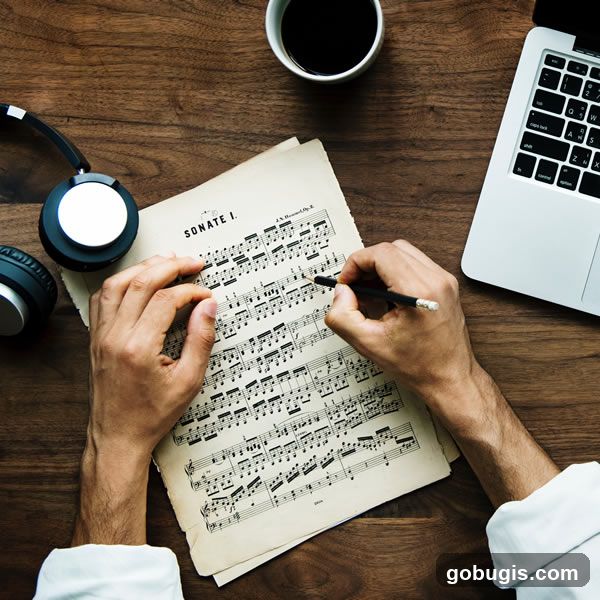 Hands writing music notes on sheet music