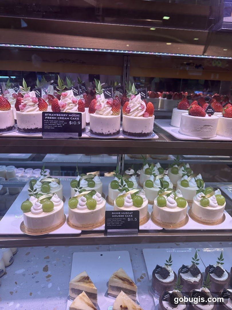 Cakes in a display case
