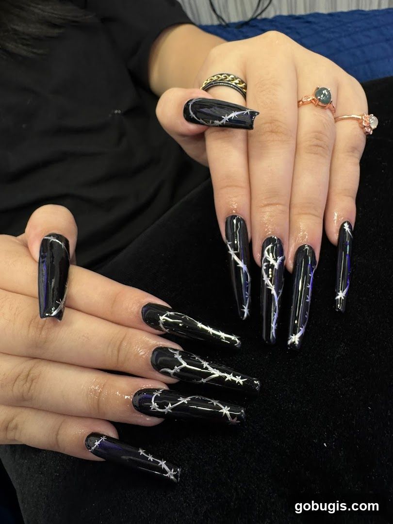 Black Coffin Nails with Barbed Wire Design