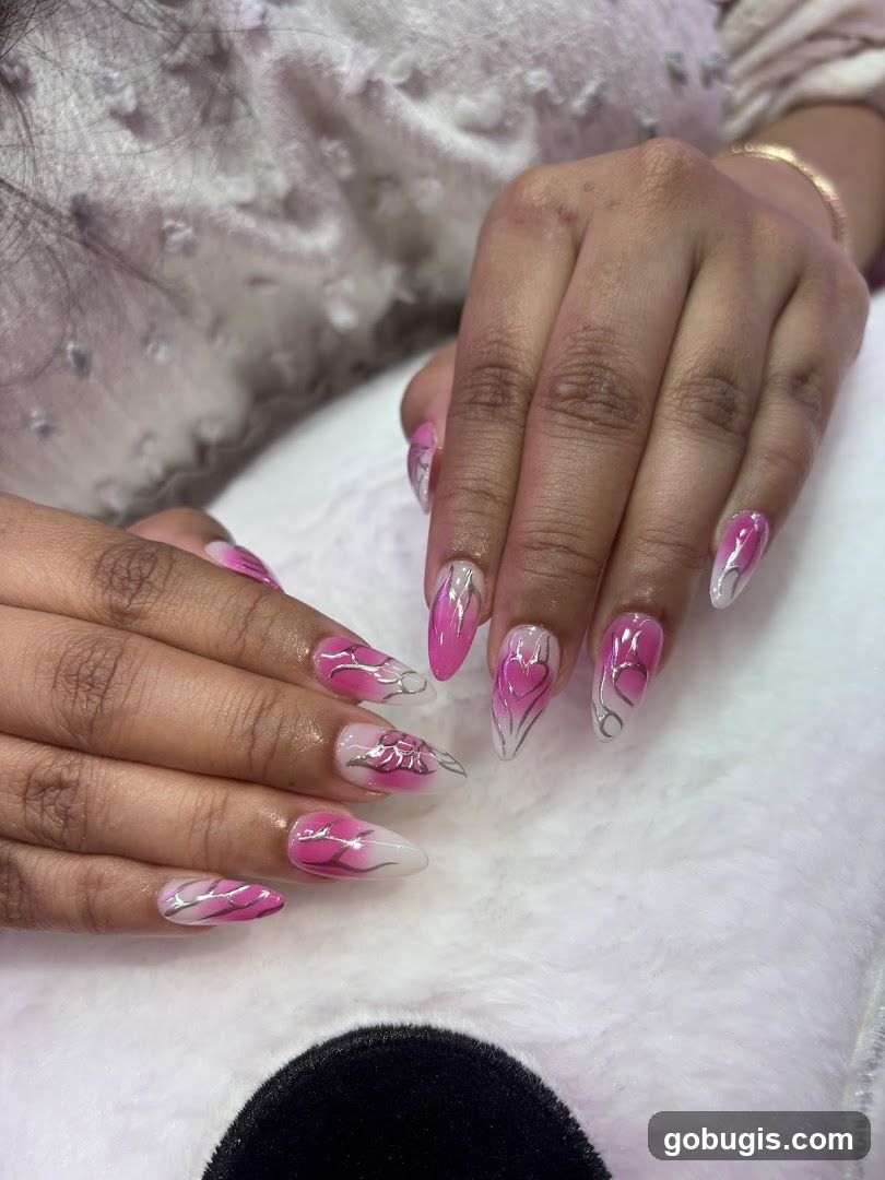 Pink and Silver Heart Nail Art