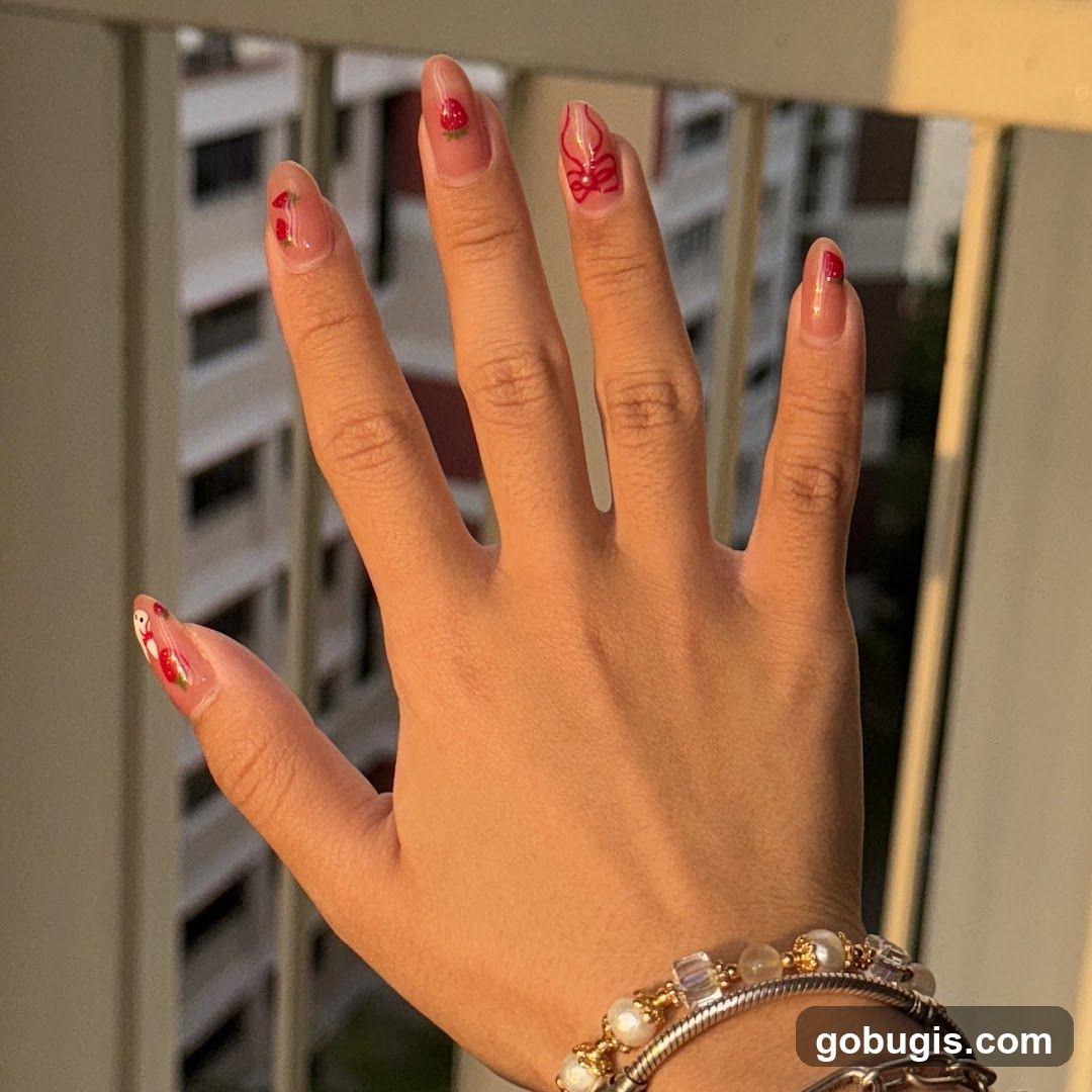 Nails with Strawberry and Bow Design