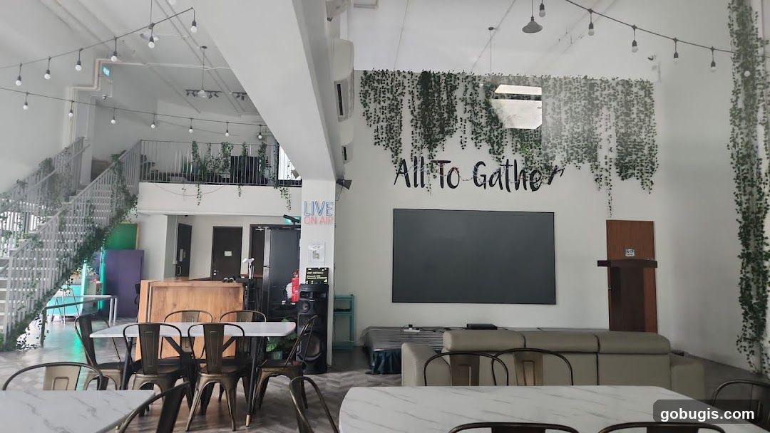 Interior of a cafe with seating and decor
