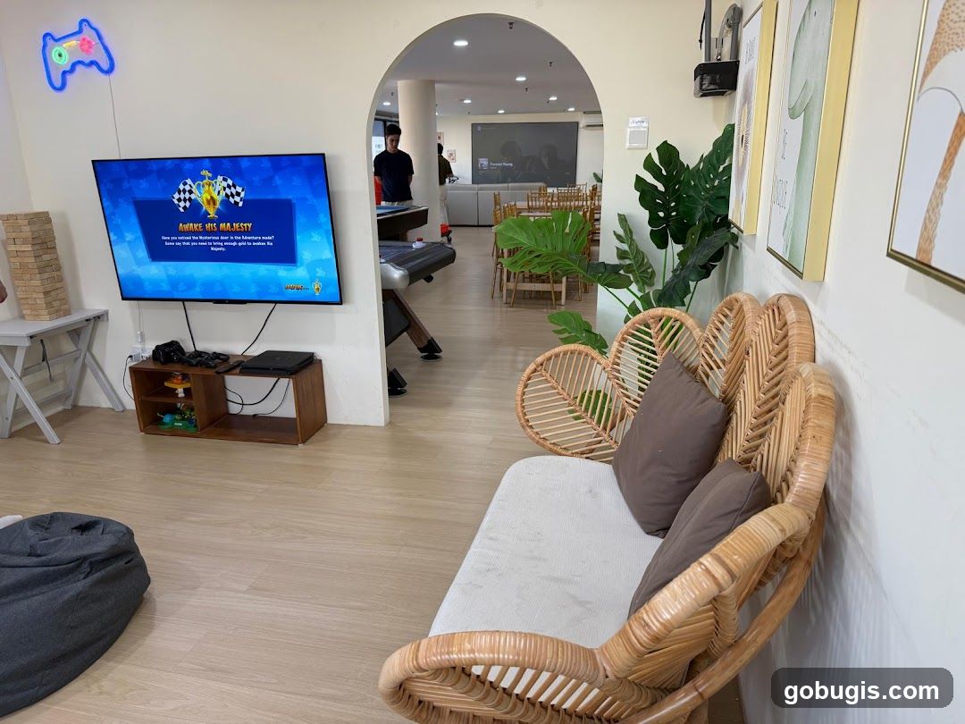 Gaming lounge with seating and entertainment