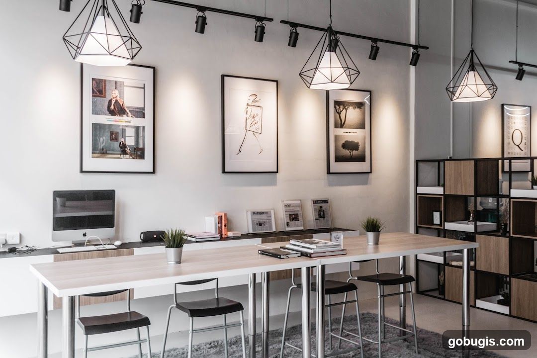 Modern Office Space with Long Table and Artwork
