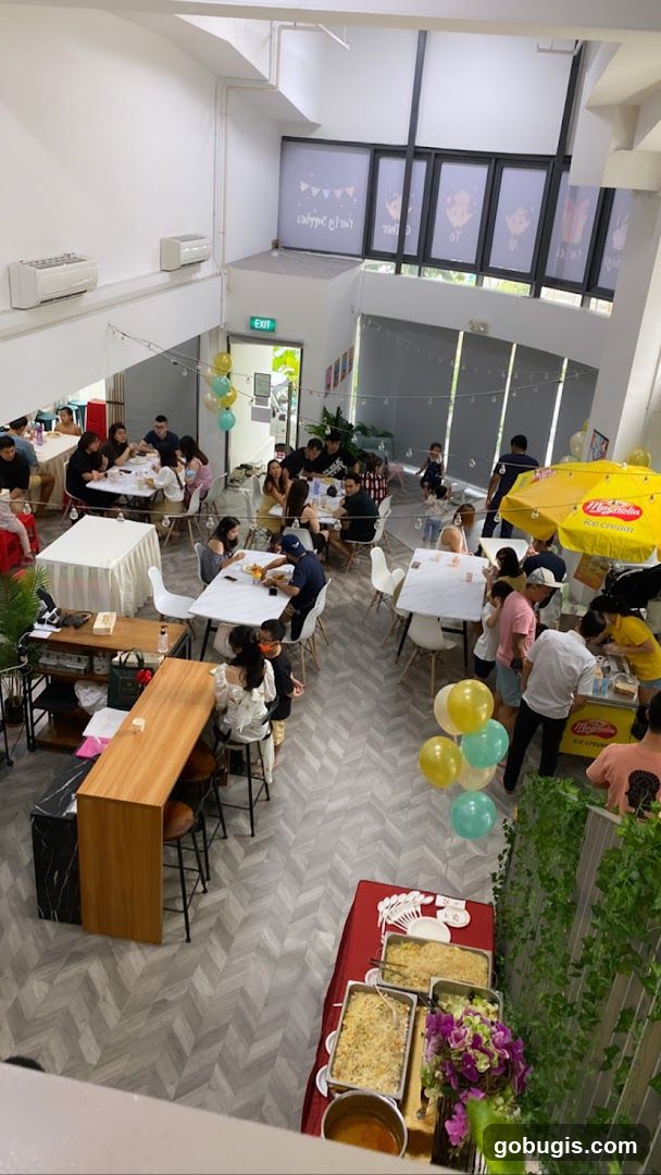 Indoor gathering with food stations