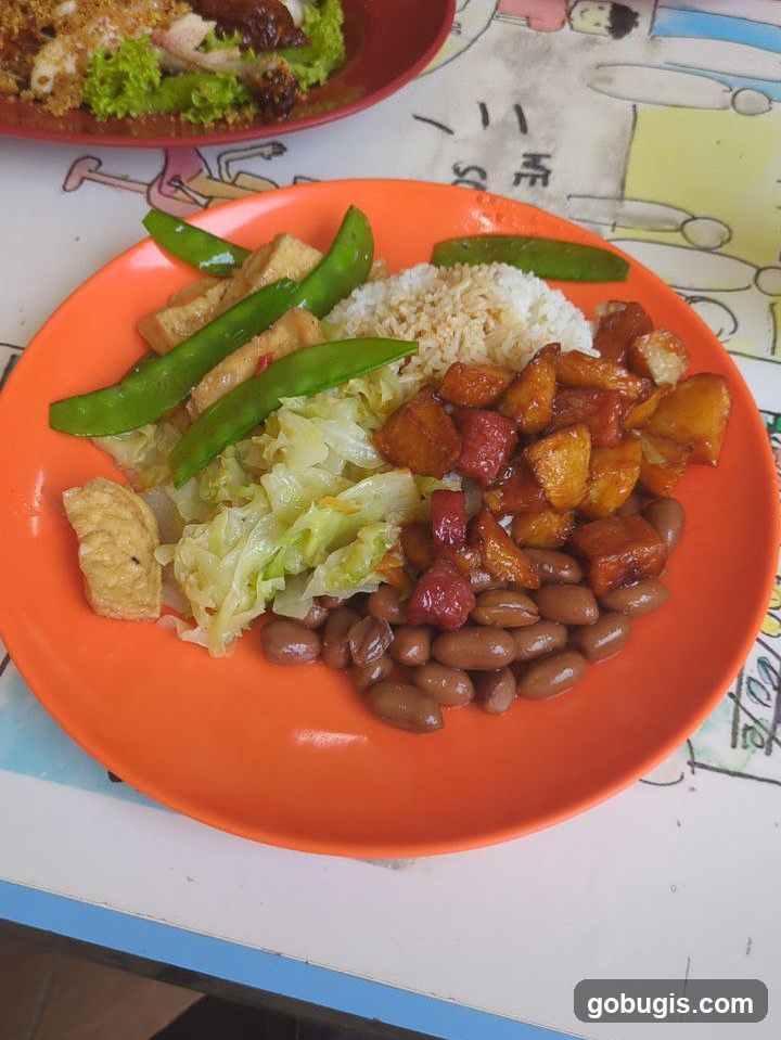 Plate of food with rice, beans, and vegetables