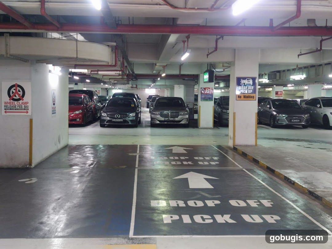 Parking Lot with Cars and Signs