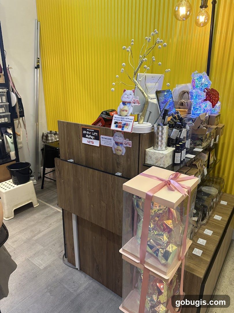 Counter with payment options and decorative items