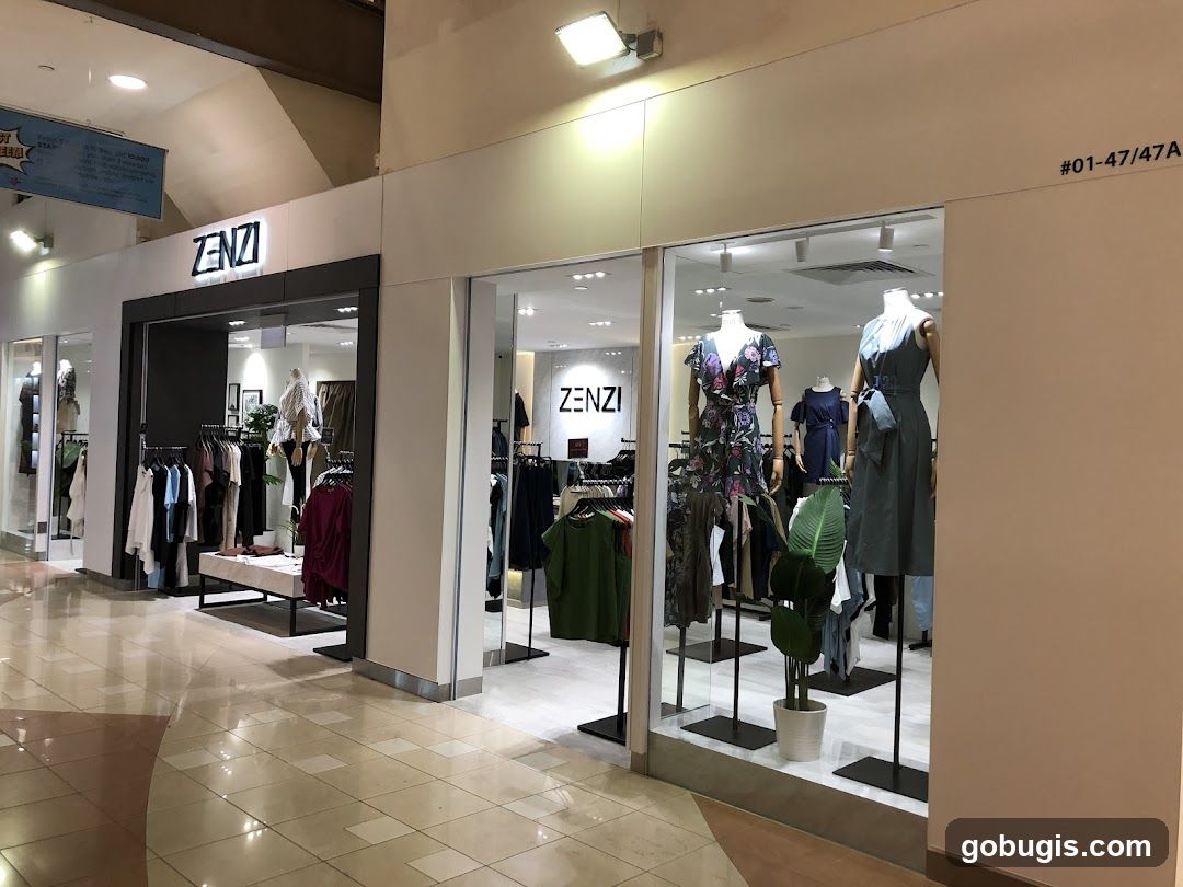 The exterior of a clothing store named ZENZI. The storefront features large glass windows displaying mannequins dressed in various outfits and racks of clothing. The store's name, ZENZI, is prominently displayed in illuminated letters above the entrance. The interior is well-lit, showcasing a selection of women's apparel.