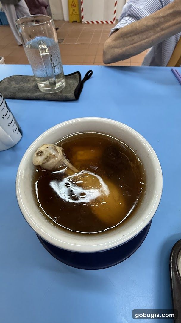 Bowl of soup with chicken leg