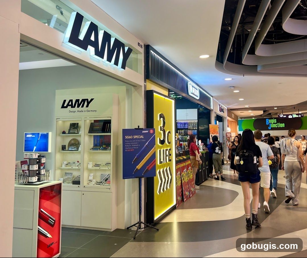 The exterior of a LAMY store, a brand specializing in writing instruments. The store features a prominent "LAMY" sign above the entrance. Inside, display shelves showcase various pens and accessories. A promotional poster for an "SG60 SPECIAL" offer is visible, featuring a deal on any 2 Safari pens, ballpoint, rollerball, or mechanical pencils for $50. The store is located within a shopping mall, with other shops and shoppers visible in the background.
