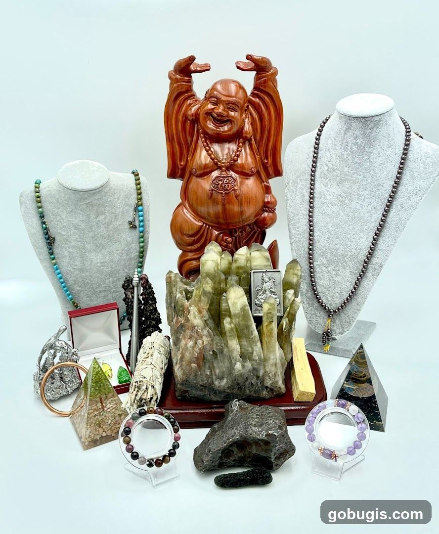 Assortment of spiritual and decorative items