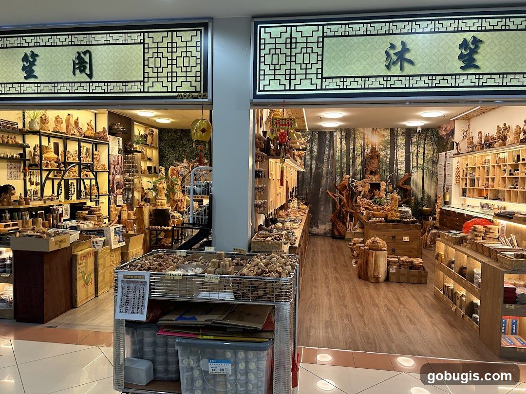 Two shops selling wooden crafts and other items