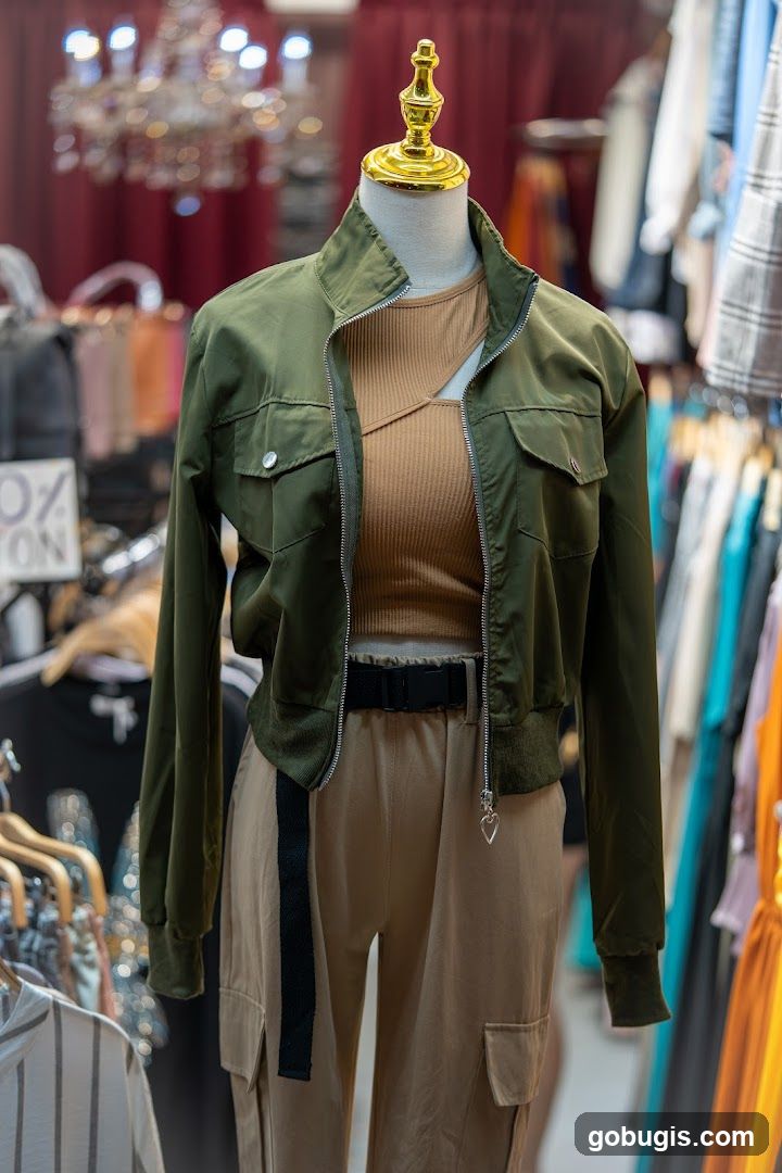 Mannequin wearing a green jacket and tan pants