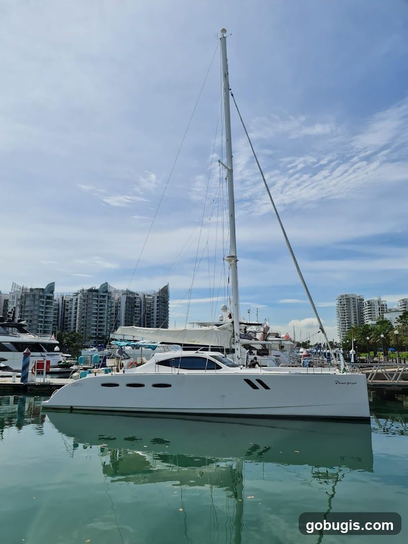 White Catamaran Yacht in Marina
