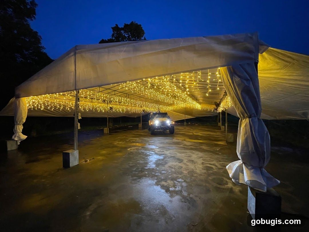 Drive-through tent with fairy lights