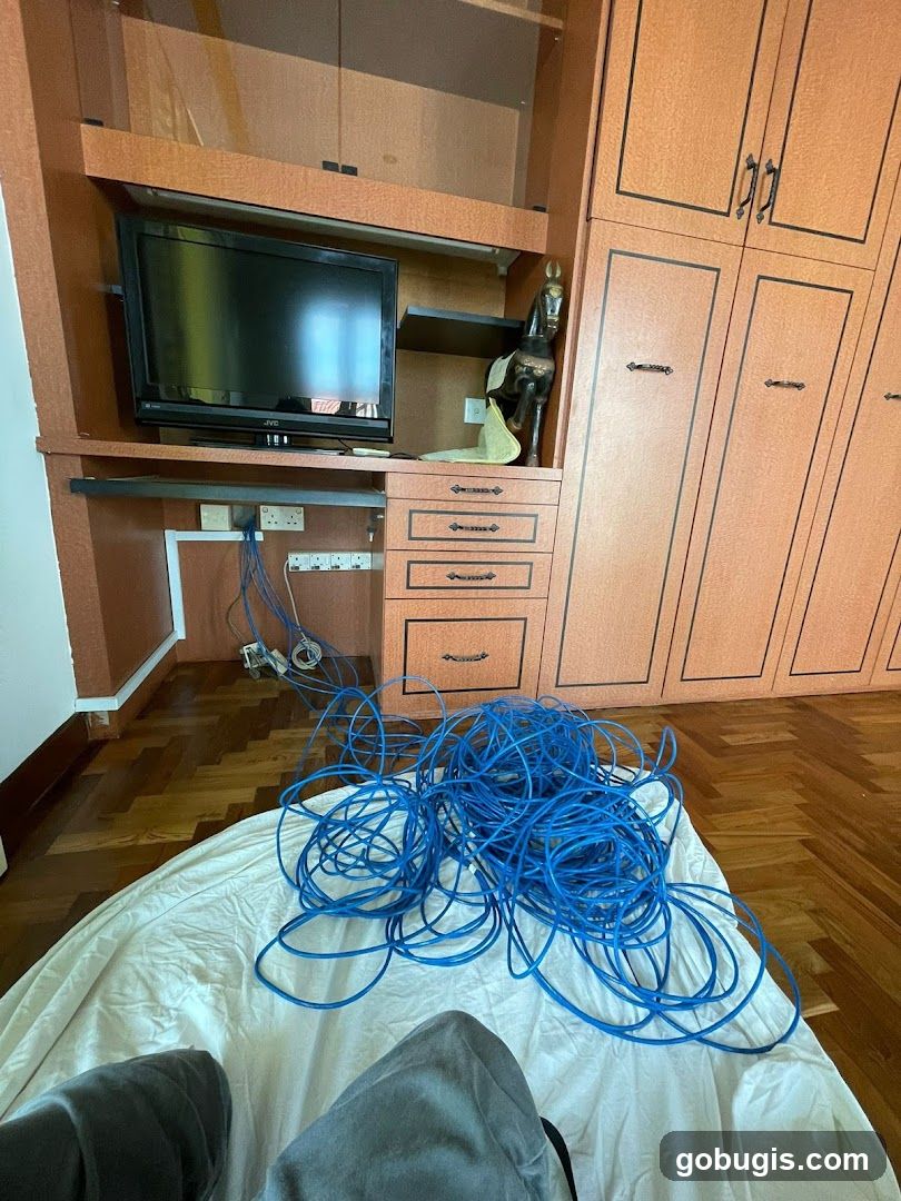 Messy cables in a room