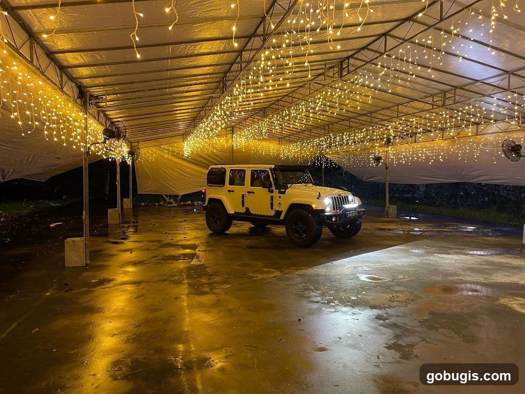 White Jeep Under String Lights