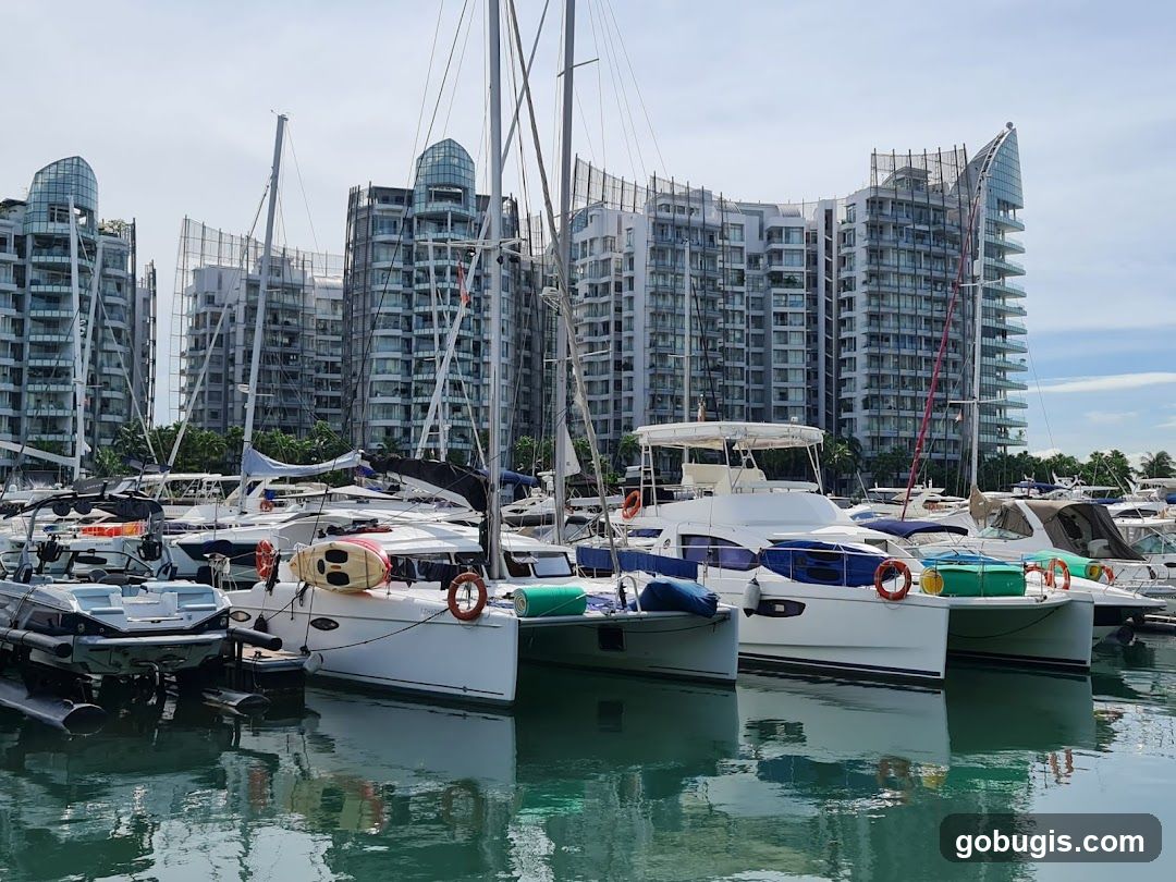Boats docked in a marina with modern apartment buildings in the background