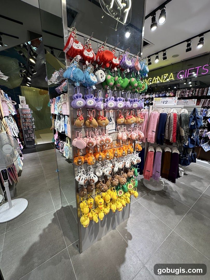 Store Display of Plush Keychains and Scarves