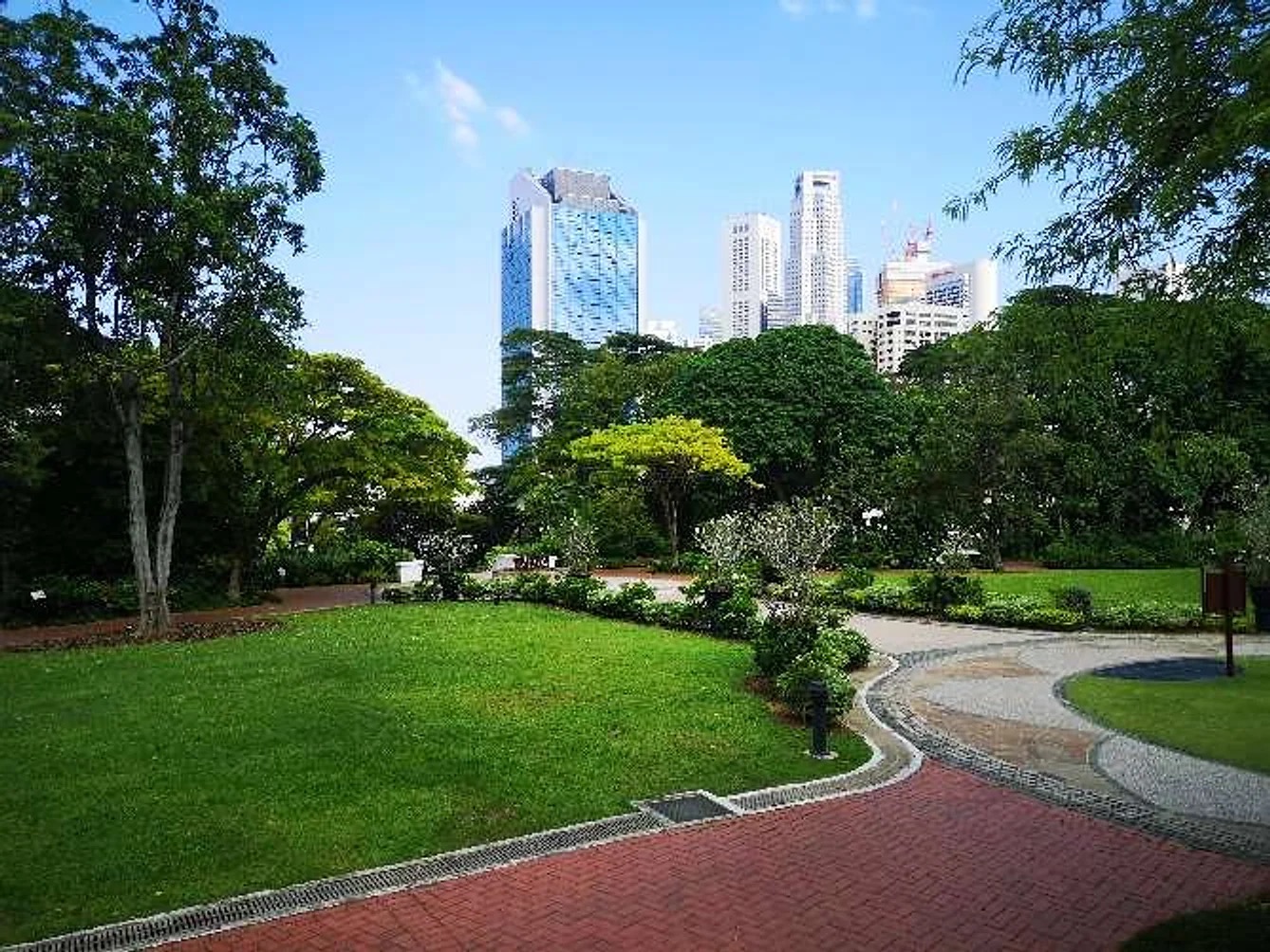 Raffles Garden on Fort Canning Park with the city skyline behind the trees