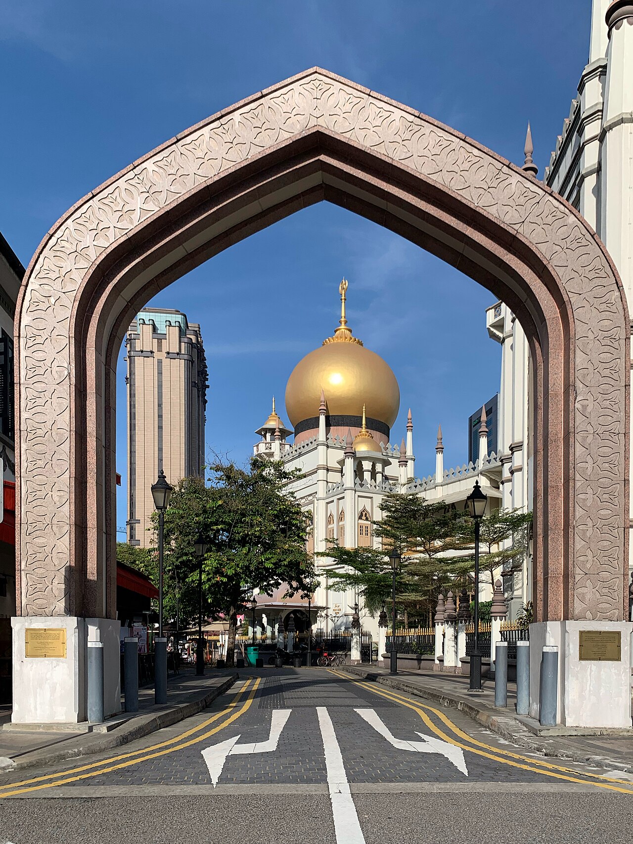 Sultan Mosque facade with golden domes