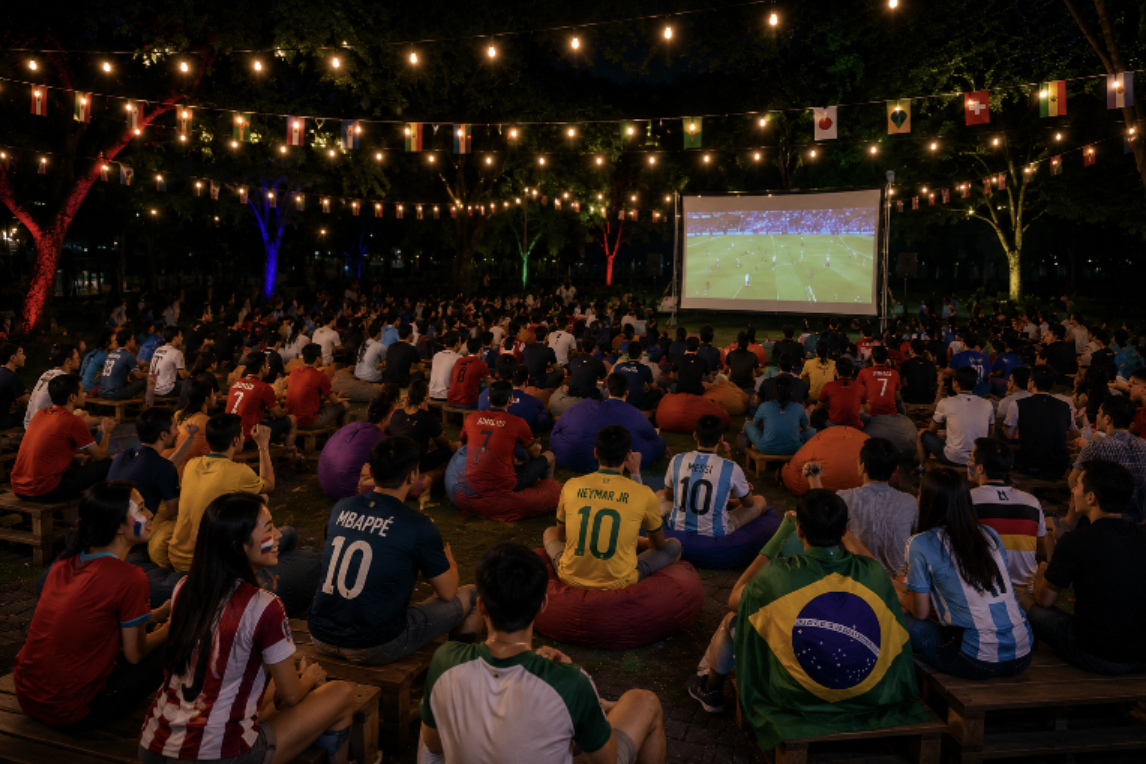 Fans gathered for a World Cup live screening at an outdoor fan zone in Singapore